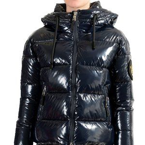 Plein Sport Women's Navy Blue Hooded Logo Print Zip Up Parka Jacket